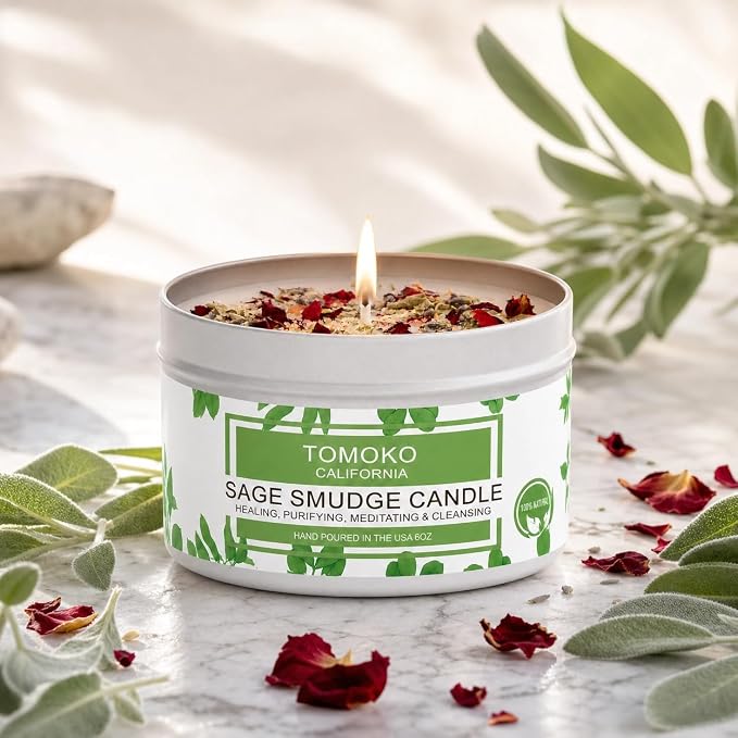 TOMOKO White Sage Candle, Sage Leaf, Rose, Lavender, Himalayan Salt & Essential Oil