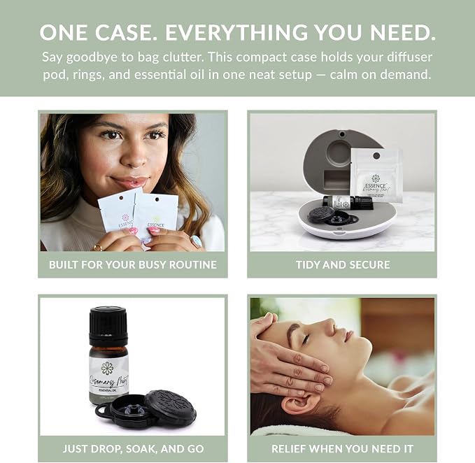 Essence Pearl Travel Case | Rosemary Mint Essential Oil | Aromatherapy Nasal Diffuser & Essential Oil Carrying Case | Peppermint & Rosemary Scent | Travel-Friendly Kit | Black Pod
