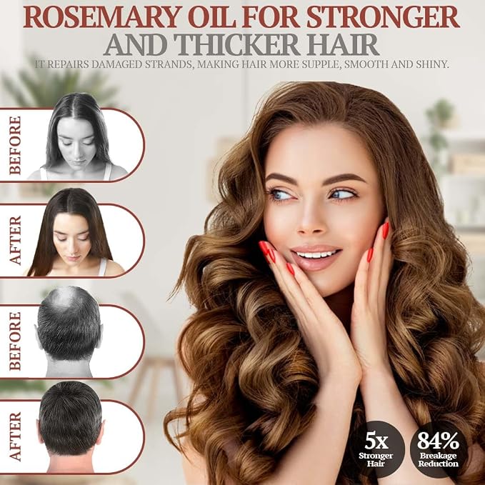 100% Pure Rosemary Oil for Hair Growth, Infused with Biotin, Jojoba & Castor Oils - Natural Hair Strengthening Serum, Scalp and Beard Oil, Aceite De Romero para El Cabello