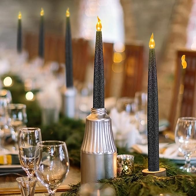 FURORA LIGHTING Black Glitter LED Taper Candles, 4-Pack, 6/18 Timer, Batteries Included
