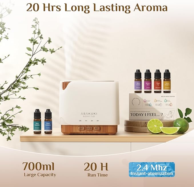 ASAKUKI Essential Oil Diffuser for Home, Large 700 ml Aromatherapy Humidifier with Top 6 Essential Oil Sets, Automatic Shut-Off, 7 LED Lights for Living Room, Kitchen, Bedroom, Hotel - Yellow