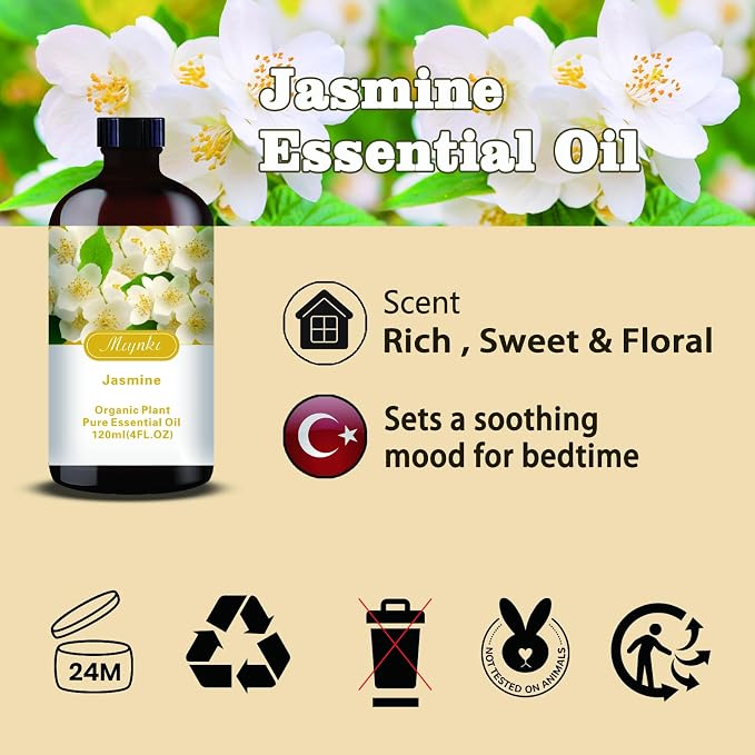Jasmine Essential Oil, Jasmine Oil for Romance, Diffuser, Humidifier, Massage, DIY Candle, Soap, Skin Care, Yoga, Gift Ready,Jasmine Fragrance Oil - Essential Oils MLYNKL (4.33 fl oz / 130ml)