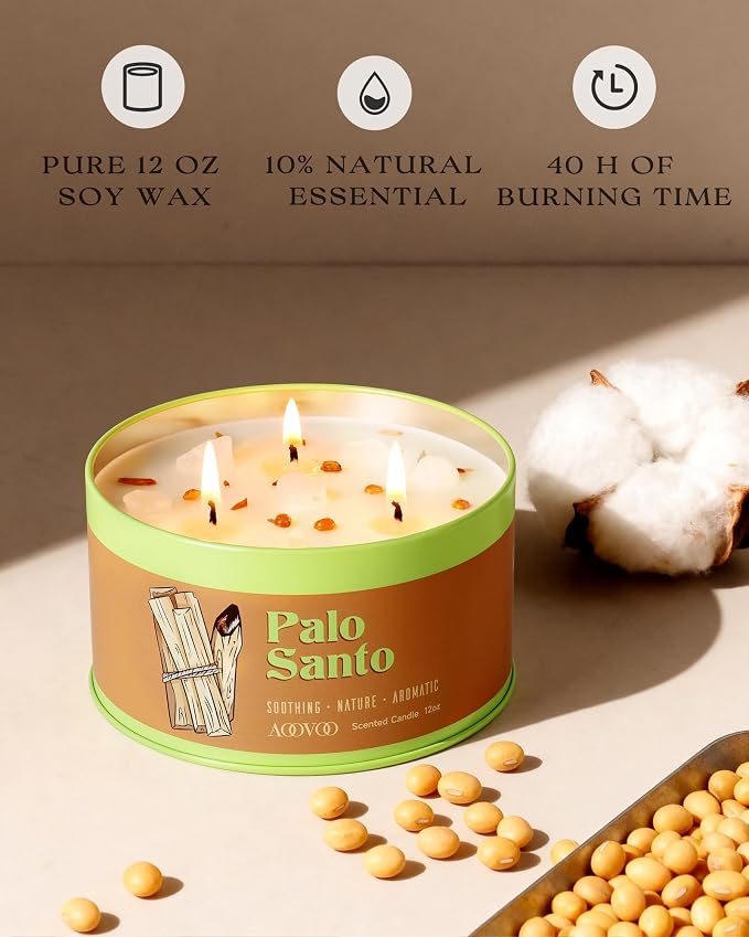 AOOVOO Palo Santo Candle for Meditation & Cleansing - 3 Wick 12oz Scented Candle with White Crystals & Palo Santo Inside, Non-Toxic Soy Candle for Spiritual Healing, Aromatherapy Gift for Women & Men