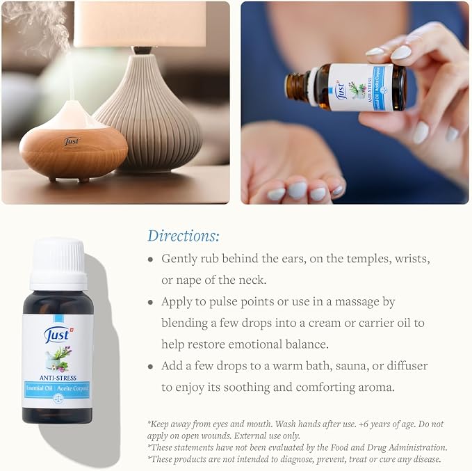 Swiss Just Stress Relief, Anti-Stress Activator Essential Oil 20ml. A Specific & Balanced Blend of 15 Natural Essential Oils. with Basil & Lavender Extract, 20 ml