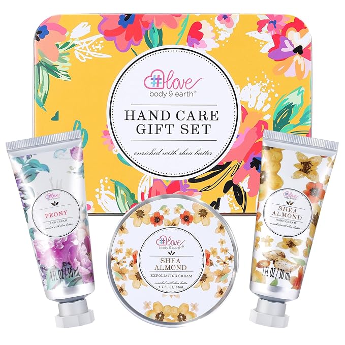 BODY & EARTH # LOVE Hand Cream Gifts Set for Women,Hand Care Set with Shea Butter 2 Hand Cream & Exfoliating Cream,Hand Lotion Travel Size,Birthday Gifts for Women Graduation Gift for Girls