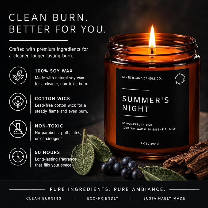 Summer's Night Scented Candles for Men&Women | 100% Natural Soy Candle 7oz, up to 50 Hrs Burn Time Highly Scented Premium Scented Candle Amber Glass Jar