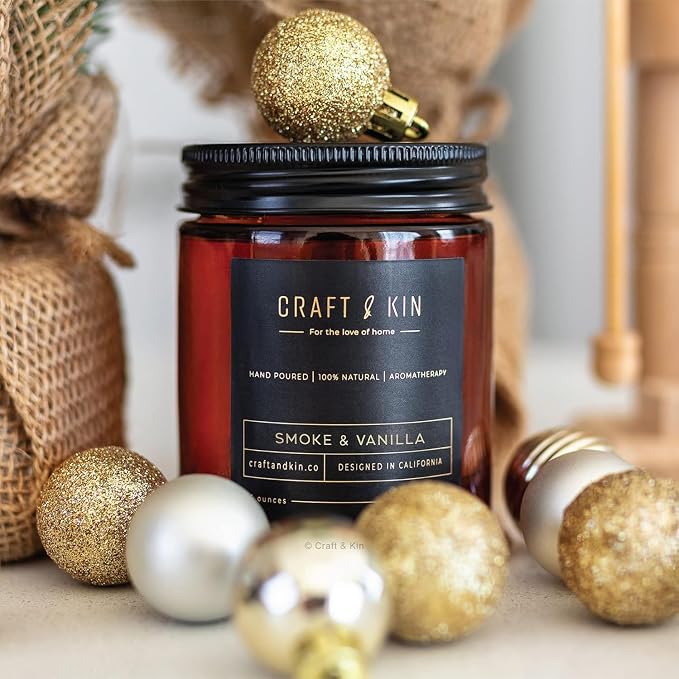 Craft & Kin Premium Smoke & Vanilla Scented Candle – Long Lasting, 45 Hour Burn Time – Luxury Natural Soy Scented Candle – Room Decor and Aromatherapy – 8 oz