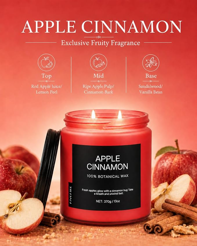 Apple Cinnamon Home Scented Candles, 13oz Organic Soy Wax, 76-Hour Clean Burning, Natural Candles Non Toxic, Spicy & Sweet Scent for Relaxation, Aromatherapy Housewarming Candle for Men Women