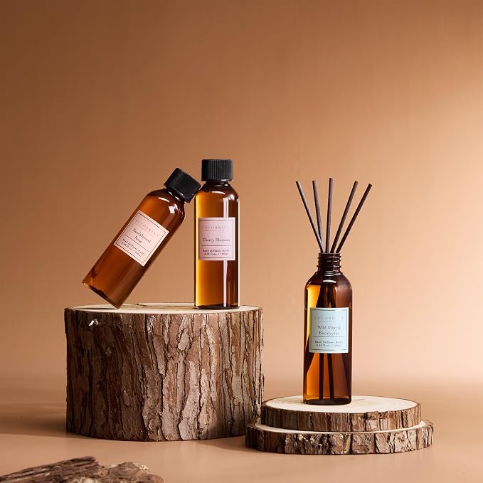 COCORRÍNA Reed Diffuser Refill Set, 10.2oz Scented Oil Refill 3 Pack, Sandalwood Rose, Cherry Blossom, Wild Mint & Eucalyptus, Long Lasting Oil Diffuser Refill with18 Sticks for Bathroom & Bedroom