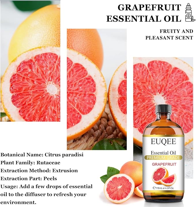 EUQEE Grapefruit Essential Oil 118mL Pure Grapefruit Oil, Large Capacity Essential Oil with Glass Dropper for Diffuser, Aromatheraphy, DIY Soap (4fl.oz)