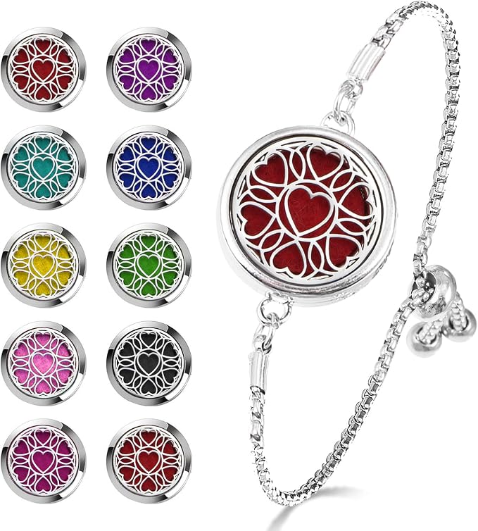 Essential Oil Diffuser Bracelet Aromatherapy Locket - Adjustable Stainless Steel Heart with 10 Pcs Refill Pads for Women Girls