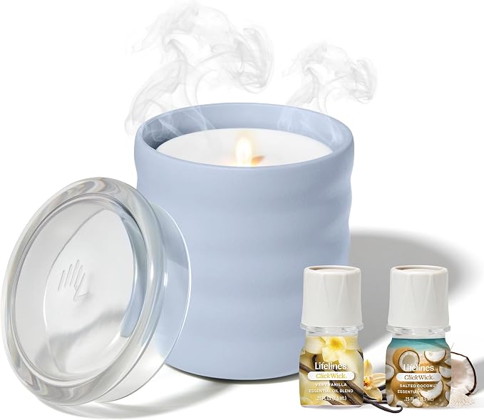 Lifelines Flameless Candle Aromatherapy Essential Oil Diffuser with 2 ClickWick Essential Oil Blends - Cordless & Waterless Diffuser for Home - Scented Electric Candles Blow Out Flame - Periwinkle