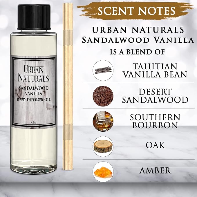 Urban Naturals Sandalwood & Vanilla Reed Diffuser Refill Set | Includes a Free Set of Reed Sticks! 4 oz | Great Gift Idea Home Fragrance Lovers!