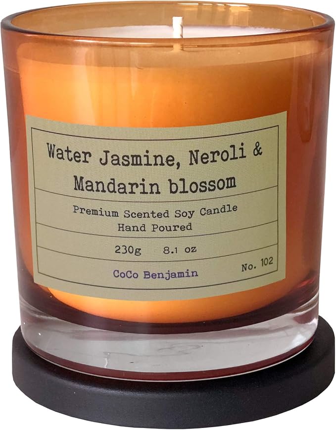 100% Natural Soy Wax Candle by CoCo Benjamin - Highly Scented & Hand-Poured Luxury Candle (Water Jasmine, Neroli & Mandarin Blossom) - Clean Burning Cotton Wick