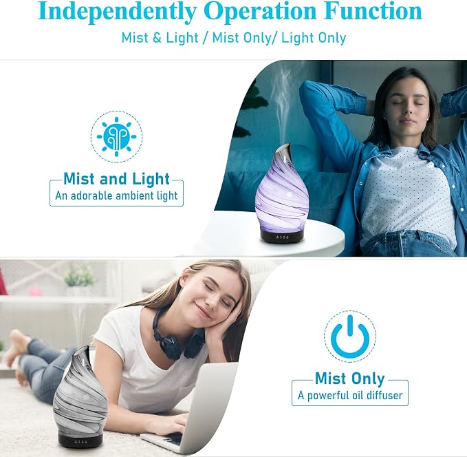 Essential Oil Diffuser 150ML, Glass Aromatherapy Diffuser with 4 Timer Settings & 7 Color Changing, Waterless Auto Shut-Off, Ultra Quiet Oil Diffuser, Mothers Day for Home, Office, Yoga, Spa
