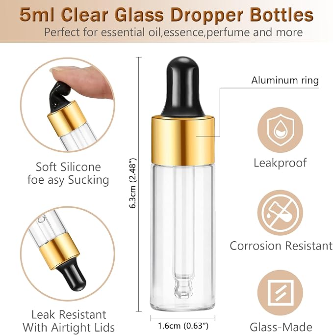 Elfenstall- 10Pcs 5ml 1/6 oz Glass Dropper Bottles Small Empty Bottle Liquid Containers Clear Mini Sample Vials for Perfume Essential Oils Cosmetic Aromatherapy Lab and Travel