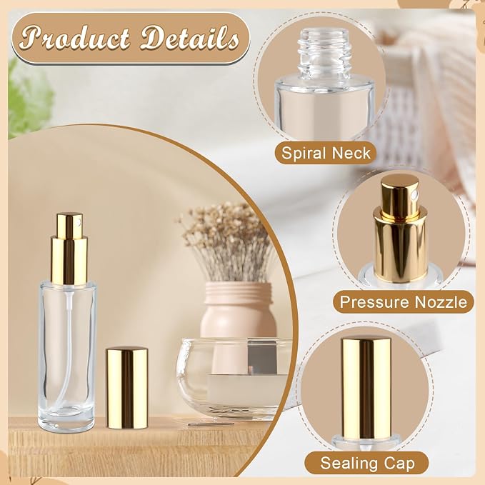 6 Pcs 30ml/1oz Glass Spray Bottle Refillable Perfume Bottles with Atomizer & Golden Lid for Perfume Cleaning Products Essential Oils