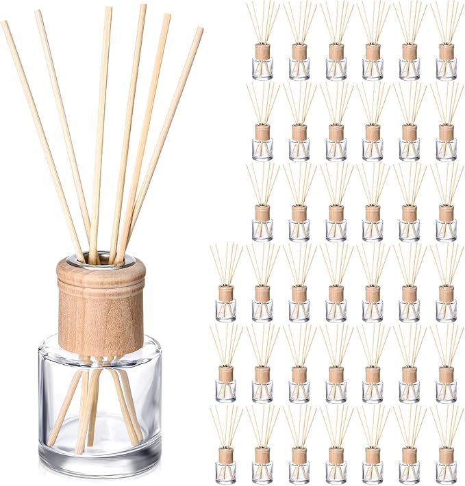 Roshtia 40 Set Reed Diffuser Bottle Empty Refillable Fragrance Glass Diffuser Bottles Set with Wooden Caps Sticks 50ml 1.7 oz Round Glass Jars for DIY Fragrance