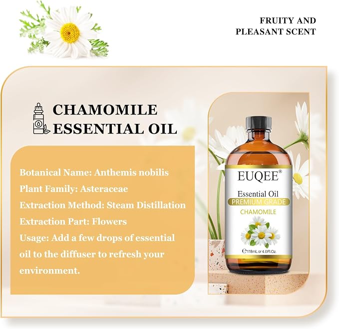 EUQEE Chamomile Essential Oil 118ml Pure Chamomile Oil Aromatherapy Essential Oil with Glass Dropper for Diffuser, Candle Making - 4 OZ