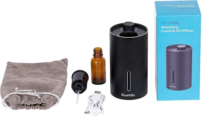 BlueHills Waterless Essential Oil Diffuser, Cordless Compact Battery-Operated Aromatherapy Mini Diffuser for Home Car Office Hotel Travel – J08 Black