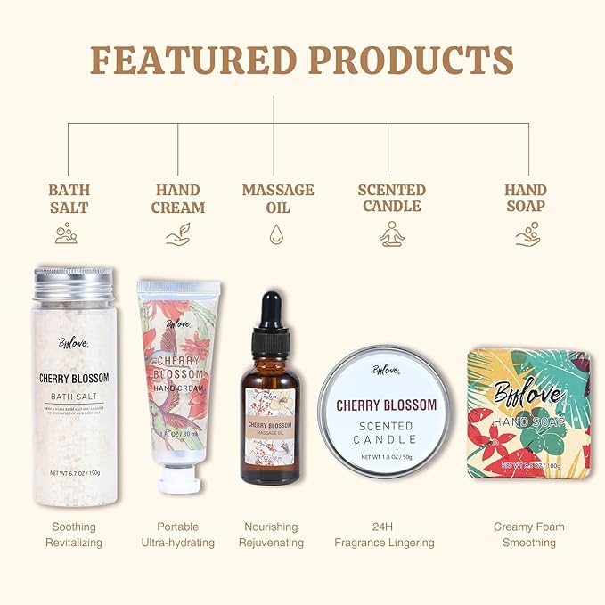 BFFLOVE Gift Set for Women - 5pcs Cherry Blossom Spa Gifts for Women, Birthday, Anniversary, Mother's Day Gifts for Her with Massage Oil, Scented Candle, Bath Salts, Hand Cream