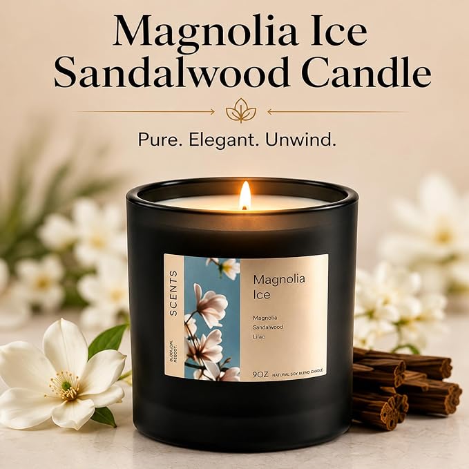 Scented Candle for Sleep & Relaxation, Magnolia Sandalwood Soy Candle, Long Lasting 50 Hour Burn, Floral Woody Home Aromatherapy Candle for Bedroom, Yoga, Bath Self Care & Gifts
