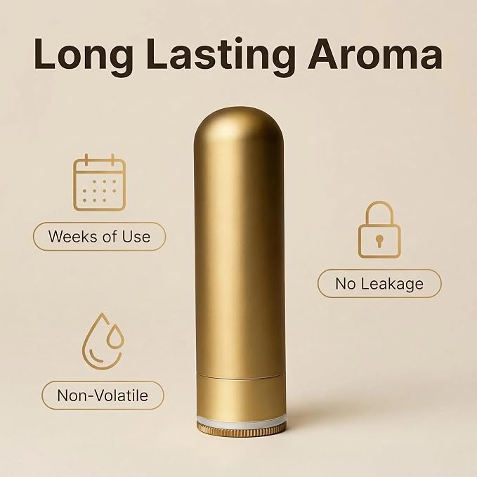 Aromatherapy Inhaler, Metal Essential Oil Diffuser with Leak-Proof Seal & Cotton Wick Holder, Refillable Nasal Stick for Anxiety, Allergies, Travel - 20 Wicks, Gold