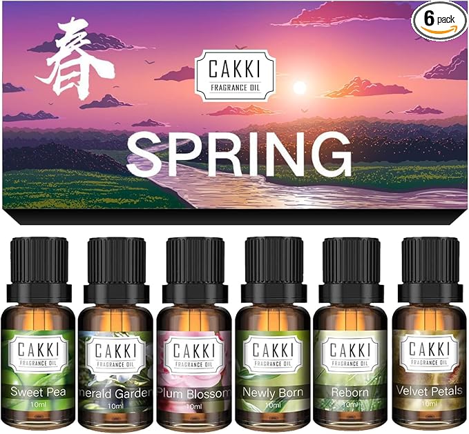 CAKKI Essential Oils for Diffusers for Home,Spring Fragrance Oils Set of 6x10ml, Sweet Pea,Emerald Gardenia,Plum Blossom,Newly Born,Reborn,Velvet Petals,Aromatherapy Oils,for Candles Making