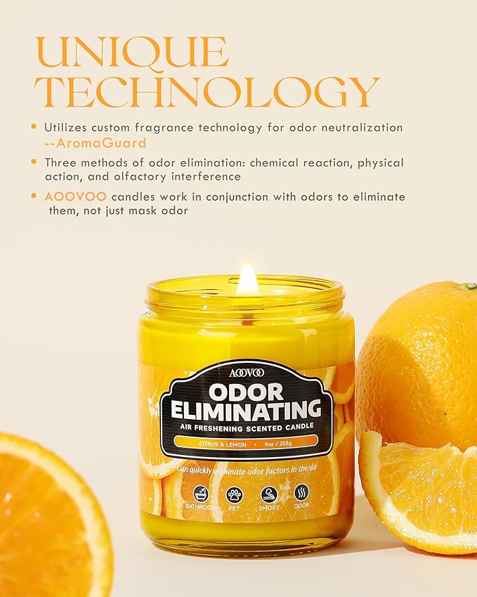 AOOVOO 6 Pack Citrus Lemon Odor Eliminating Highly Fragranced Candle - Eliminates 95% of Pet, Smoke, Food, and Other Smells Quickly, Air Freshing Soy Candle