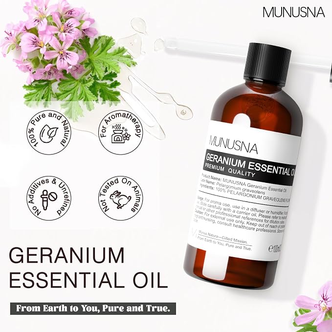 Geranium Essential Oil 100ML, 100% Pure Geranium Oils Aromatherapy Oil for Diffuser, Skin Care, Massage, Yoga, Home Fragrance, Soap and Candle Makings