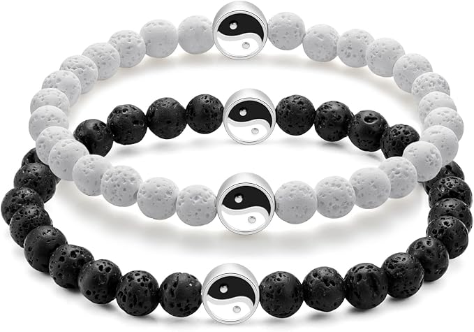 Wild Essentials 2 Bracelet Set, Yin Yang Lava Stones, White, Black, Expandable up to 8 inches, Aromatherapy Jewelry for Women, Men, Best Friends, His and Hers, Essential Oil Diffuser, Grounding Calm