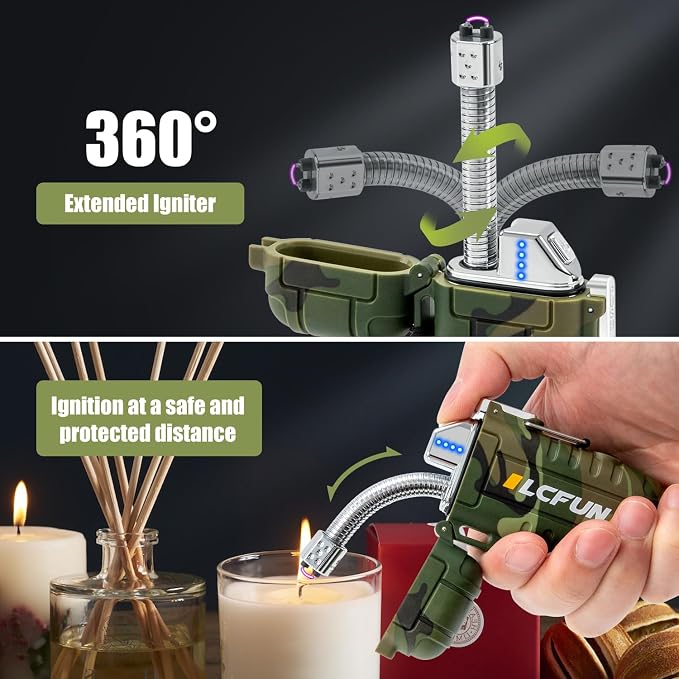 LcFun USB Rechargeable Electric Arc Lighters Windproof Plasma Lighter with LED Battery Display, Waterproof Matches with Flashlight for Camping, Survival Tactical Gear