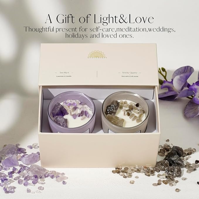 AvaConcept Healing Crystal Candle Gift Set – Amethyst & Smoky Quartz | Hand-Poured Soy Wax Candles Lavender Vanilla & Sea Salt Driftwood Aromatherapy Natural Crystals Infused Set of 2/5.3oz Each
