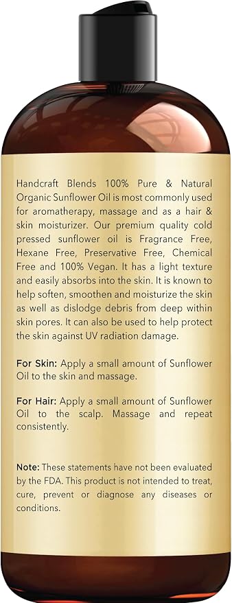 Handcraft Blends USDA Organic Sunflower Oil - Cold-Pressed 16 Fl Oz - 100% Pure and Natural - Premium Grade Carrier Oil for Skin and Hair - Hair and Body - Massage - Hexane-Free