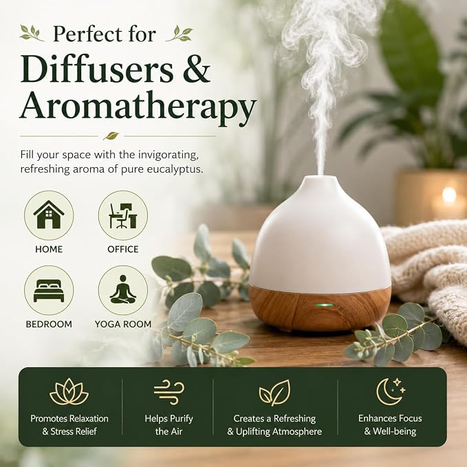 2 Bottles – GreenHealth Eucalyptus Essential Oil – 16 fl oz Each (32 fl oz Total) – 100% Pure & Uncut – Bulk Aromatherapy Oil in Aluminum Bottles – for Diffuser, Cleaning, DIY, Home Fragrance