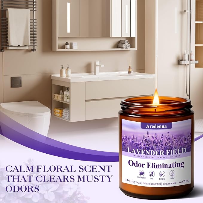 Lavender Odor Eliminating Candles | Eliminates 95% of Pet, Smoke & Bathroom Odors – 7oz Hand Poured Soy Candle - Aromatherapy Stress Relief Scented Candles - Relaxing Gifts for Calm & Fresh Homes