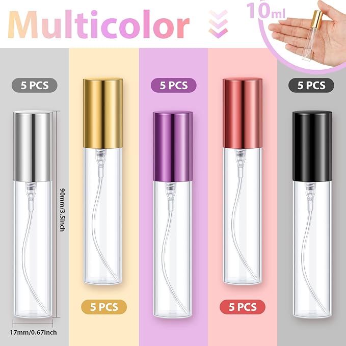 Yinder 25 Pcs 10ml Travel Spray Bottle Refillable Perfume Atomizer Bulk Glass Mini Cologne Perfume Bottles Empty Fine Mist Portable Small Sample Containers(Black, Red, Purple, Gold, Silver)