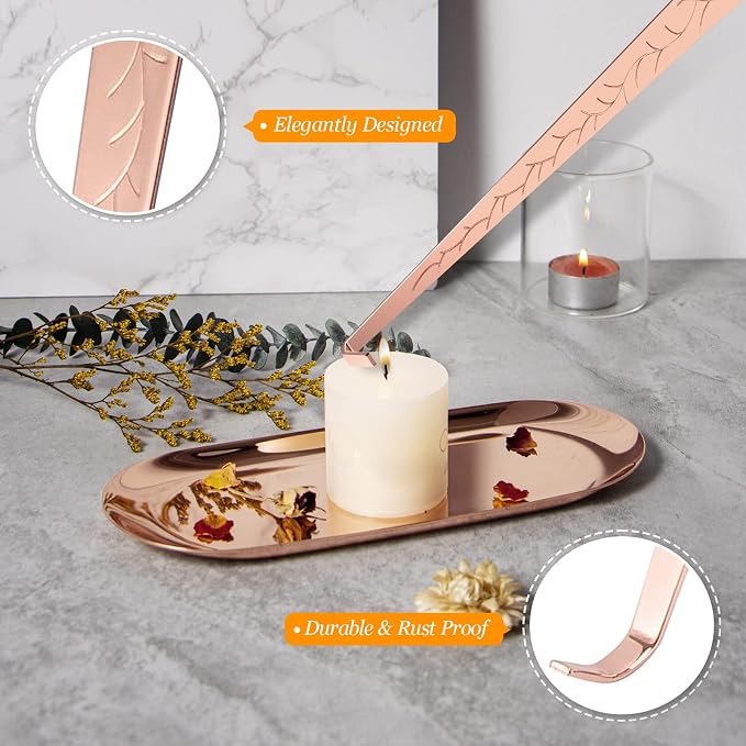 5Pcs Accessory Set with Rechargeable Electric Lighter, Storage Tray, Wick Trimmer, Snuffer, Dipper, Stainless Steel Care Kit Gift Package for Candle Lover Rose Gold
