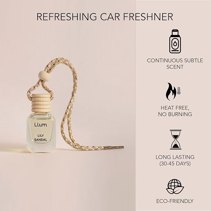 Llum Lily Sandal Hanging Car Air Freshener – Luxury Automotive Perfume Diffuser 10ml (0.34 fl oz), Long-Lasting Fragrance, Alcohol-Free Non-Toxic Car Scent, Glass Bottle With Wood Cap