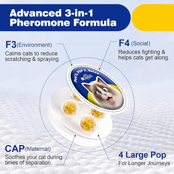 Cat Calming Pheromone Diffuser Patches (4-Bead), Portable Calming Support for Carrier,Car Travel,Vet Visits, Long-Lasting 48H Effect (10-Pack)