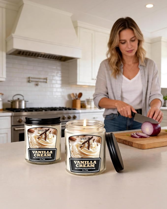 AOOVOO Vanilla Cream 2 Pack Odor Eliminating Candle - Up to 100 Hours Burn time, Eliminates 95% of Pet, Smoke, Food, and Other Smells Quickly, 18 oz Non Toxic Highly Fragranced Air Freshing Soy Candle