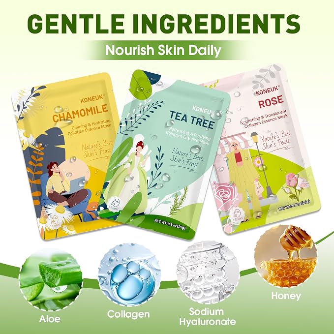 KONEUK 27 Pack Collagen Sheet Face Masks Skincare for Women, Bulk Hydrating Face Mask Set for Dry Skin, Moisturizing Facial Masks for Skin Care, Spa Party Supplies and Bulk Gifts for Women