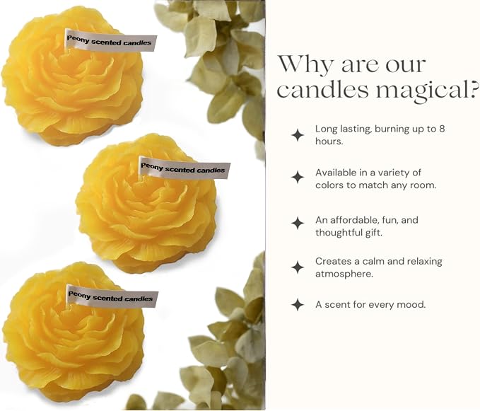 Peony Flower Shaped Candle with Scent, Soy Wax Blend Aromatherapy Candle, Gift Candle, Gifts for Women, Candles for spa, Stress Relief, Meditation, Wedding, Home Decor, Relaxing Atmosphere, (Yellow)