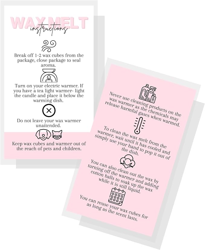 Wax Melt Care Instruction Cards | 50 Pack | 2x3.5” Business Card Wax Melt Supplies Homemade Customer thank you for Warmer Minimalist White and Pink How To Care for wax cube clamshell wickless candle