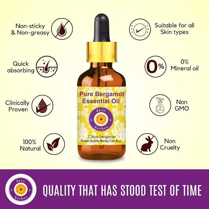 Deve Herbes Pure Bergamot Essential Oil (Citrus bergamia) with Glass Dropper Natural Therapeutic Grade Steam Distilled 50ml (1.69 oz)