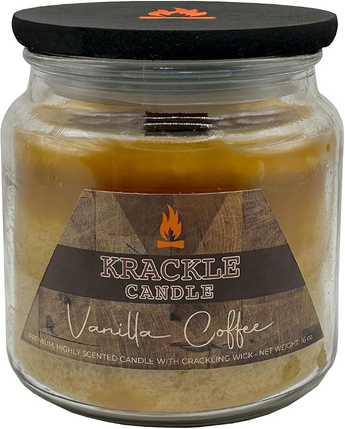 Krackle Candle | Vanilla Coffee | 16 oz Scented Candle with Natural Crackling Wooden Wick | Poured in the USA | Dark Roast Coffee & Vanilla Cream Fragrance