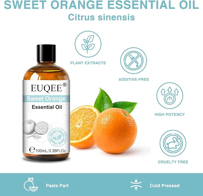 EUQEE 100ml Sweet Orange Essential Oil, Pure Sweet Orange Essential Oil for Diffuser, Massage, DIY Soap,Candle Making, Skin & Hair Care - 3.38 Fl Oz