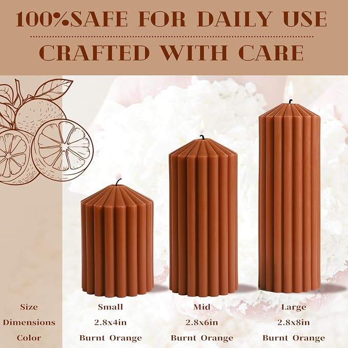 Burnt Orange Ribbed Pillar Candles Set of 3-Spiced Orange,Cinnamon & Clove Scented Soy Wax，Aesthetic Retro Textured Pillars-2.8x4,6,8in,High-Low Trio for Boho Home Decor,Spa & Gifting