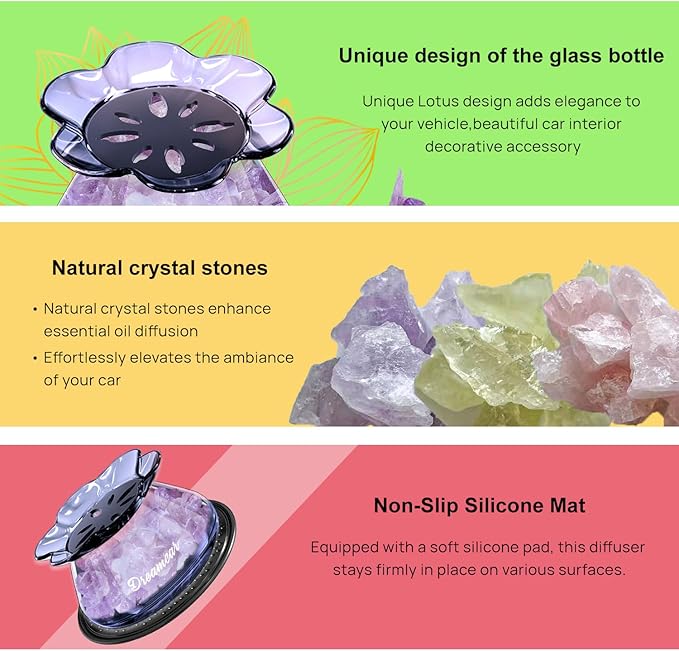 Glass Essential Oil Diffuser Bottle with Natural Crystal Stone Passive Aromatherapy Diffusers for Car Home Small Room Bathroom Living Room Hallway Desk Decorative (Pink Stone)
