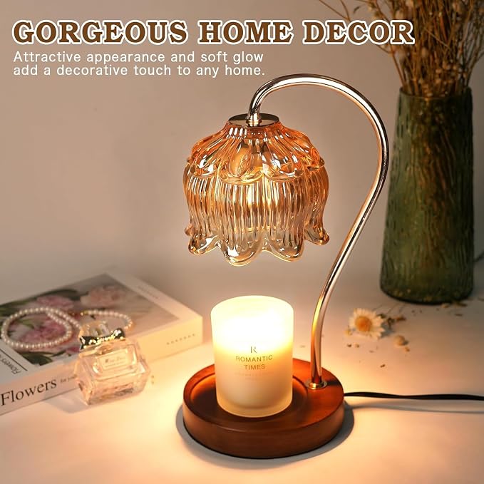 Funistree Flower Candle Warmer Lamp with Timer, Dimmable Candle Lamp Warmer, Christmas Birthday Gifts for Women Mom Her, Housewarming Home Decor, Lotus Wax Warmer for Yankee - Amber-2 Pack 10 Inch